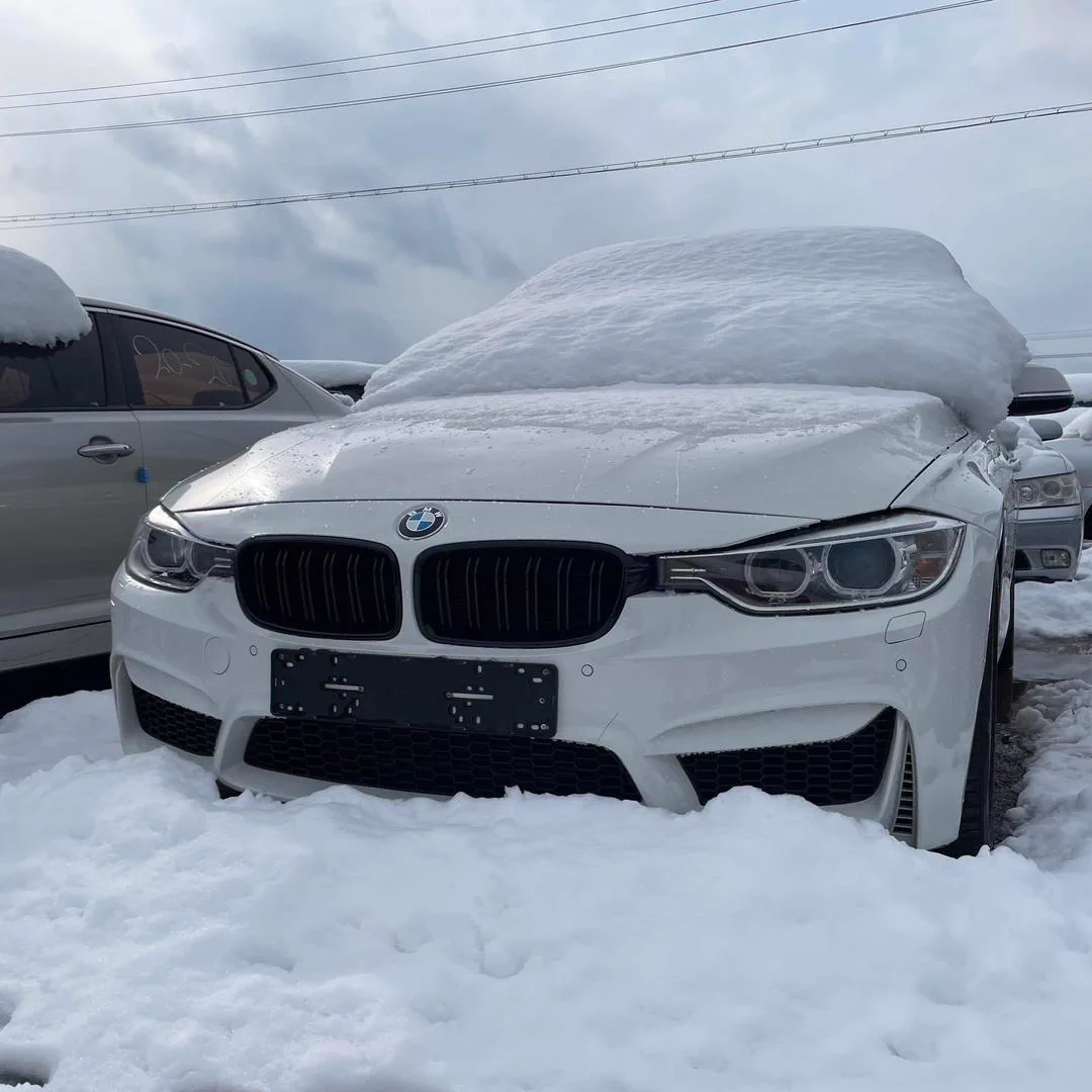 سيارة بيضاء مغطاة بالثلج